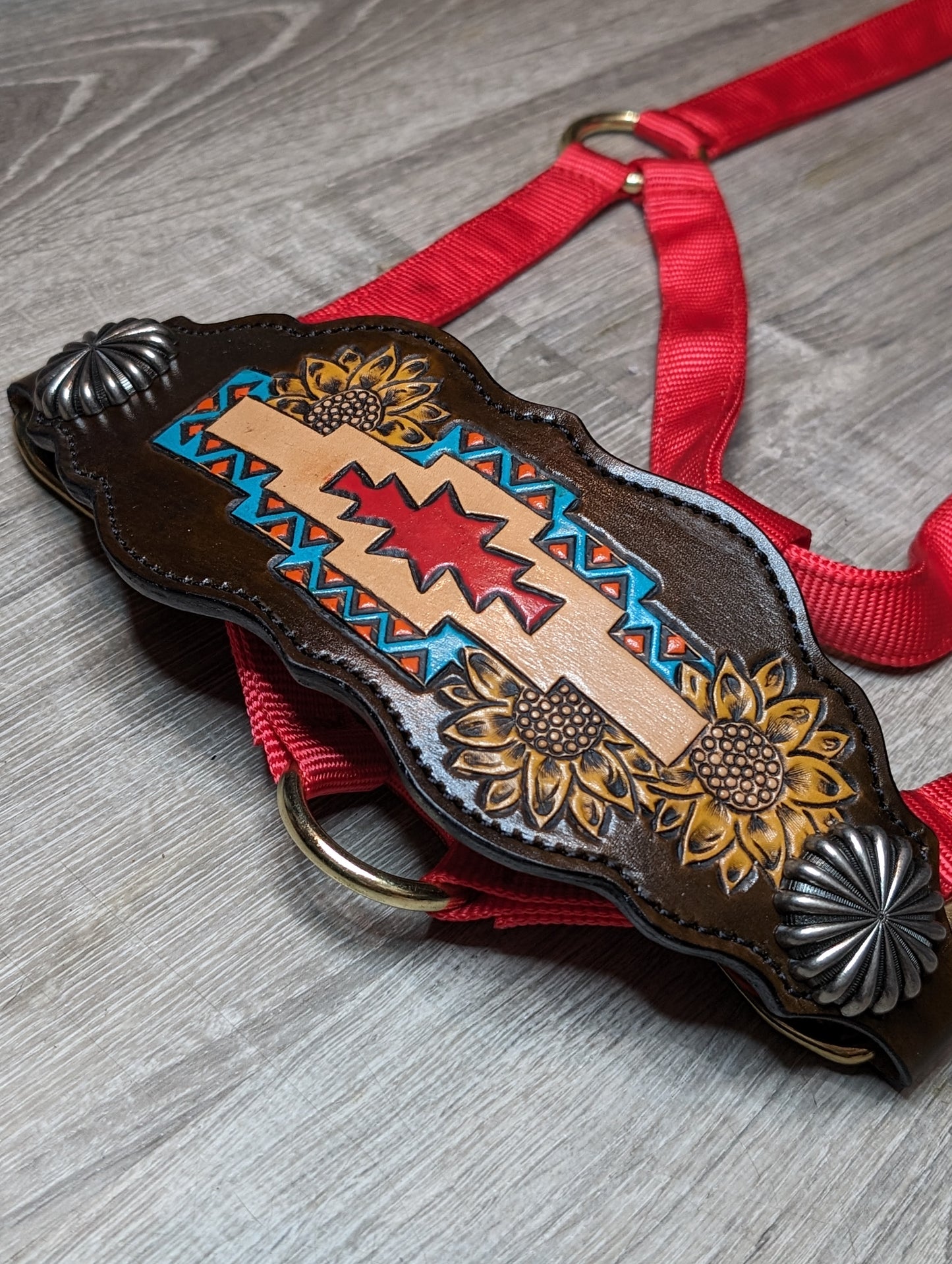 Aztec Bronc noseband on Red Nylon Halter