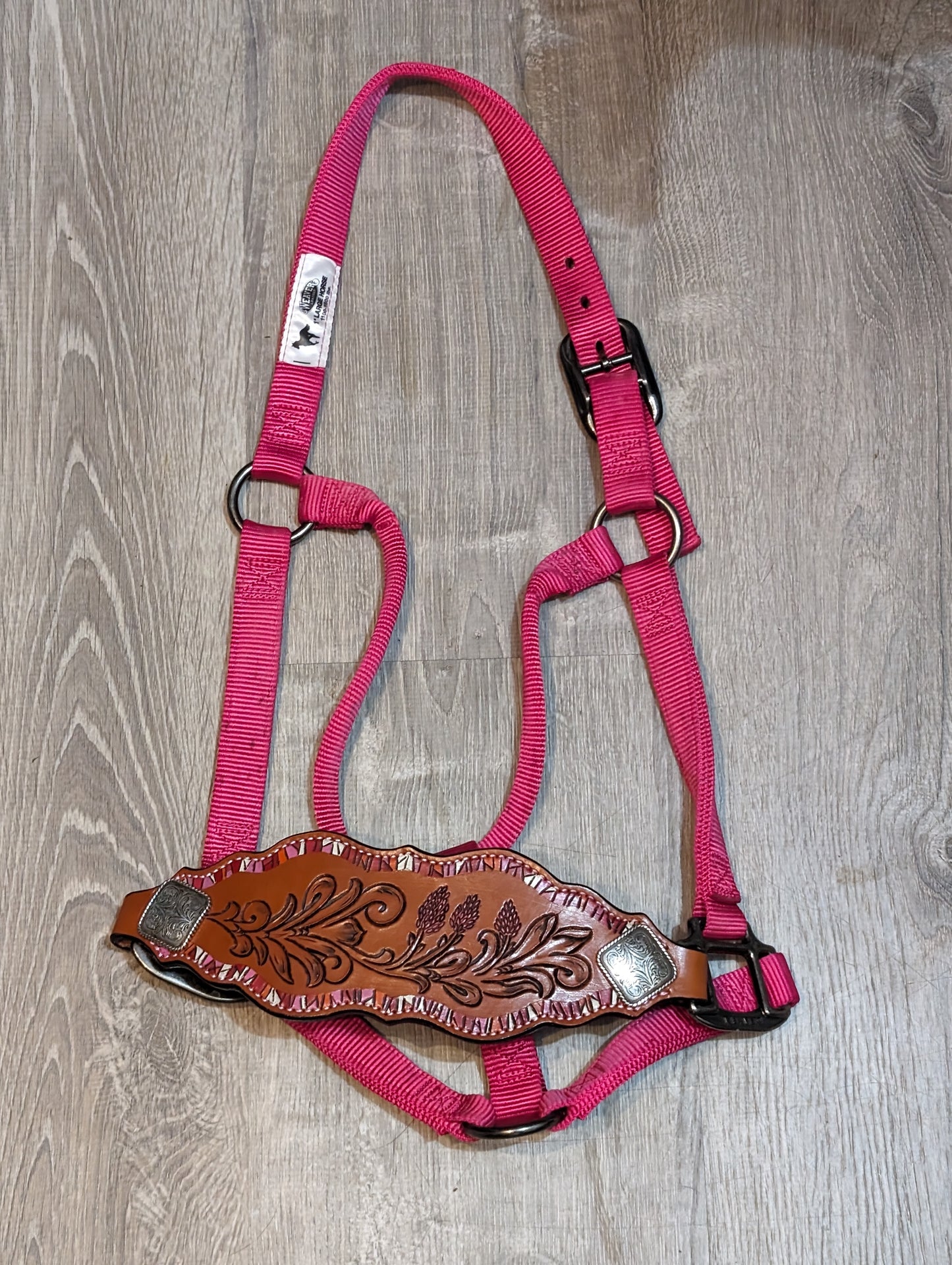 Pink Nylon Halter with Bronc Noseband, tooled with Indian Paintbrush