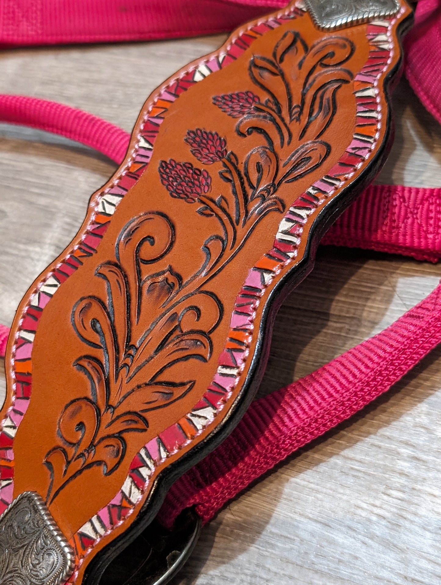 Pink Nylon Halter with Bronc Noseband, tooled with Indian Paintbrush