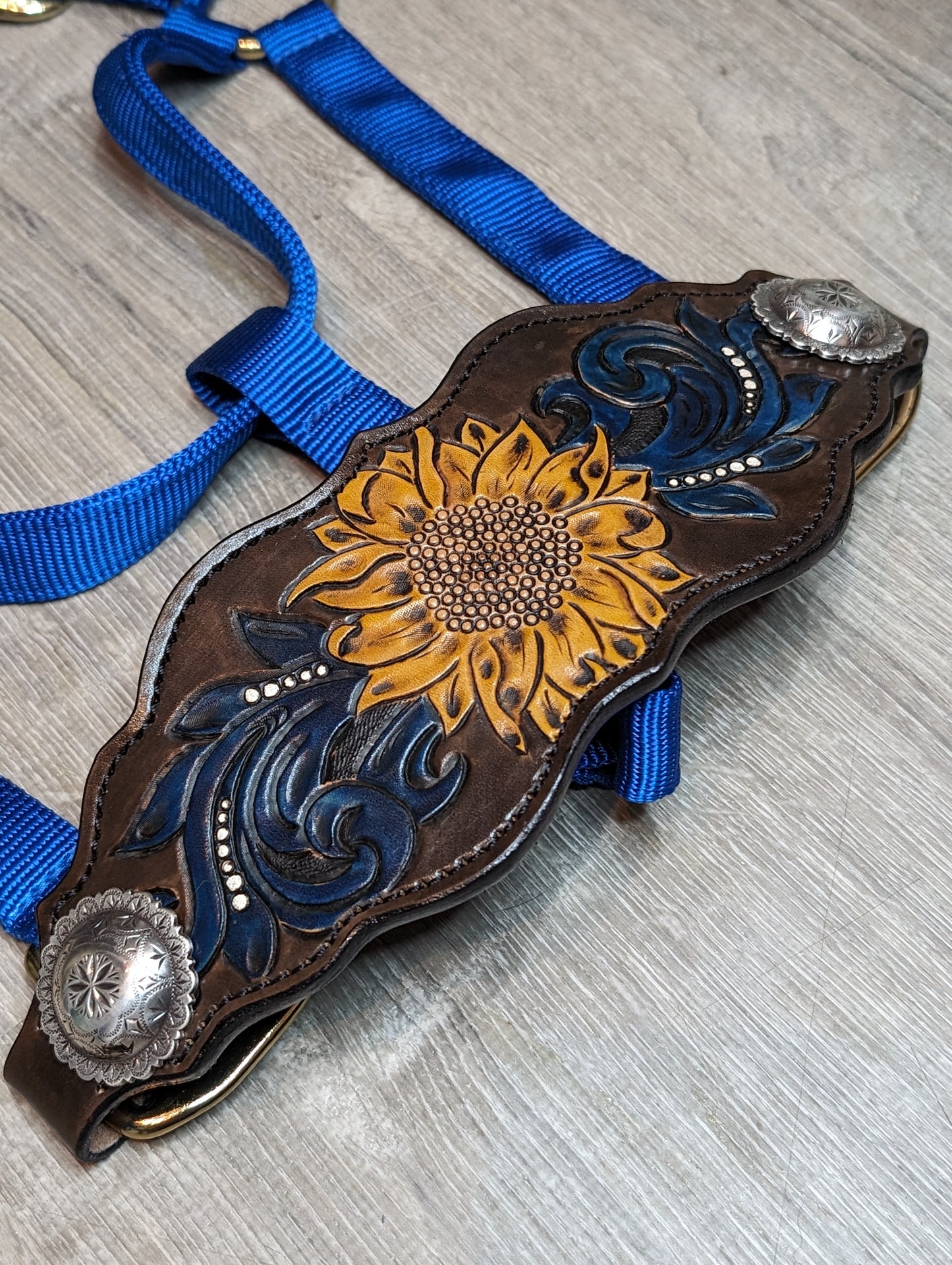Sunflower and swirl tooled noseband on Royal Blue Nylon Halter
