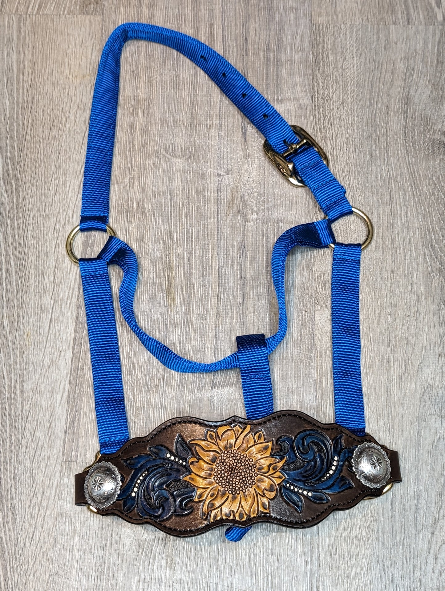 Sunflower and swirl tooled noseband on Royal Blue Nylon Halter