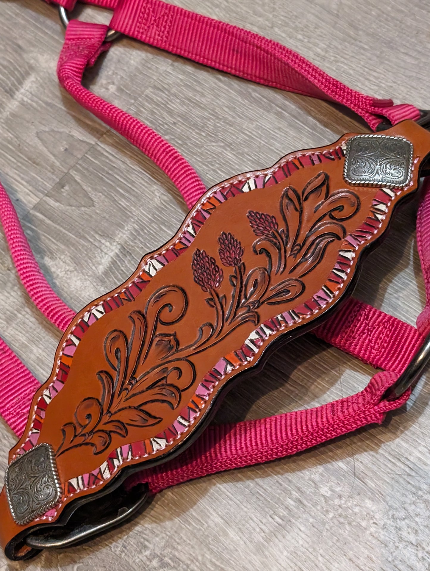 Pink Nylon Halter with Bronc Noseband, tooled with Indian Paintbrush