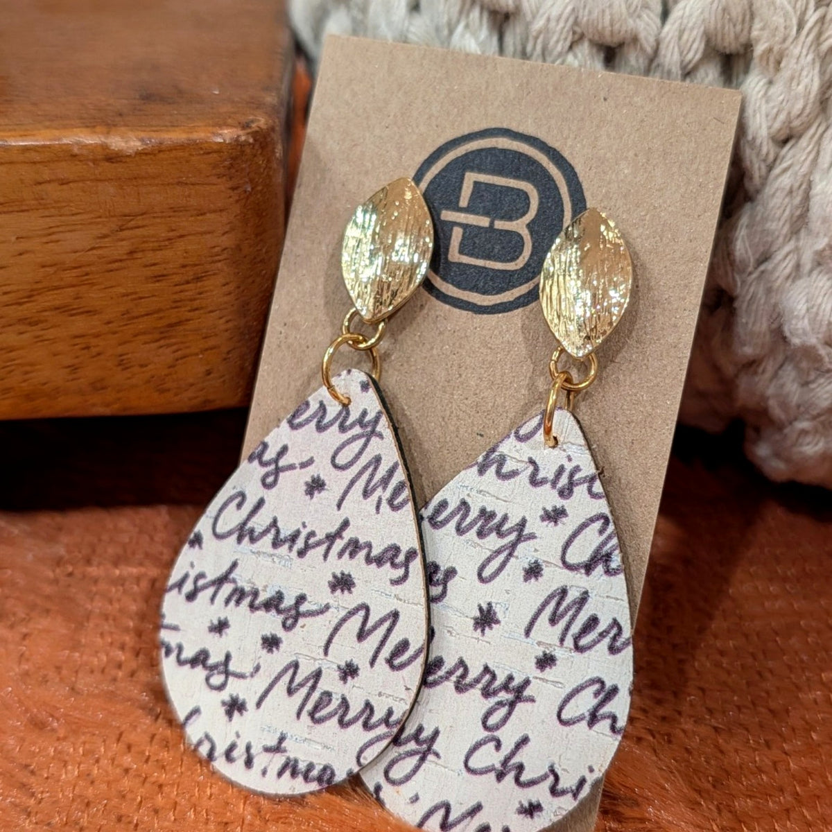 Merry Christmas Script Teardrop Earrings handmade leather earrings