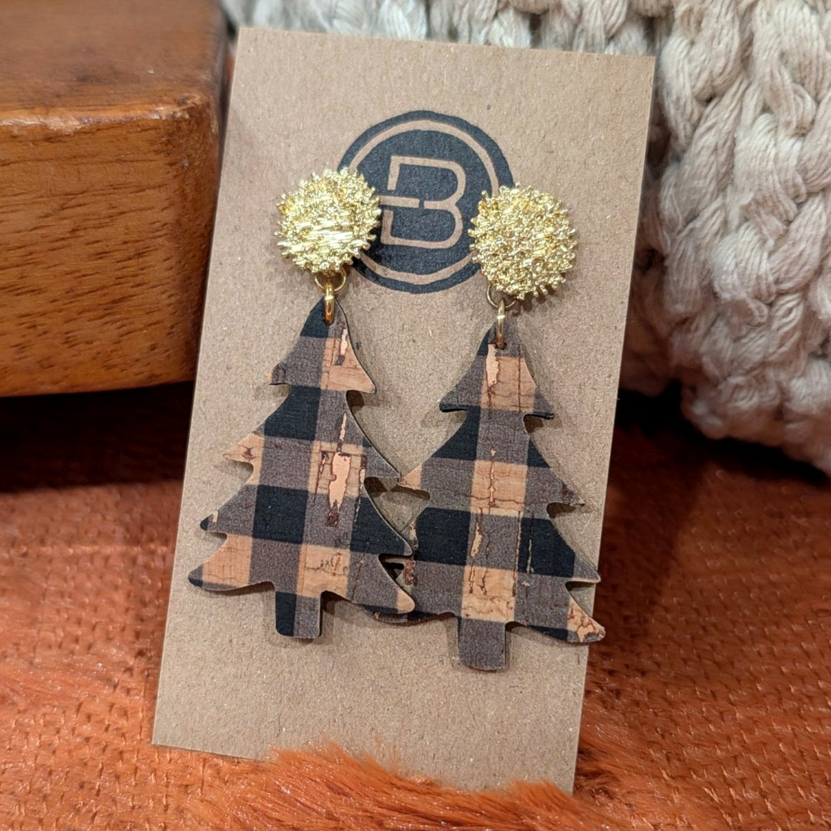 Buffalo Plaid Christmas Tree Earrings handmade leather earrings