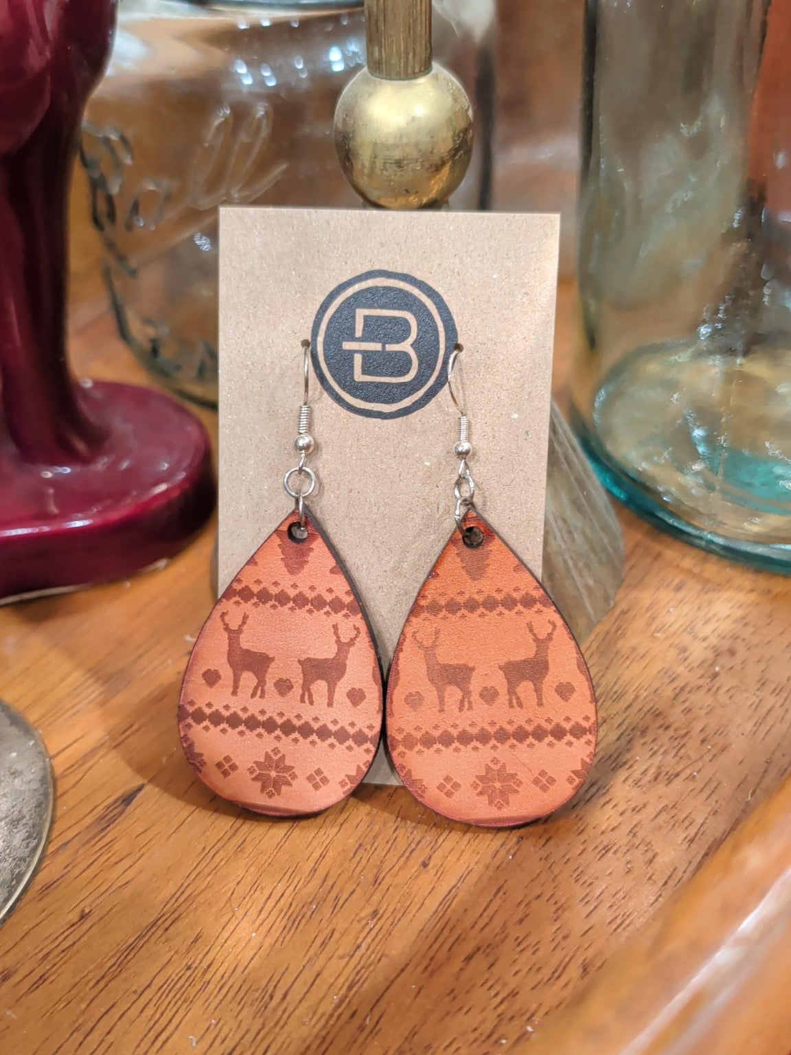 Engraved Reindeer Christmas Sweater Leather Earrings