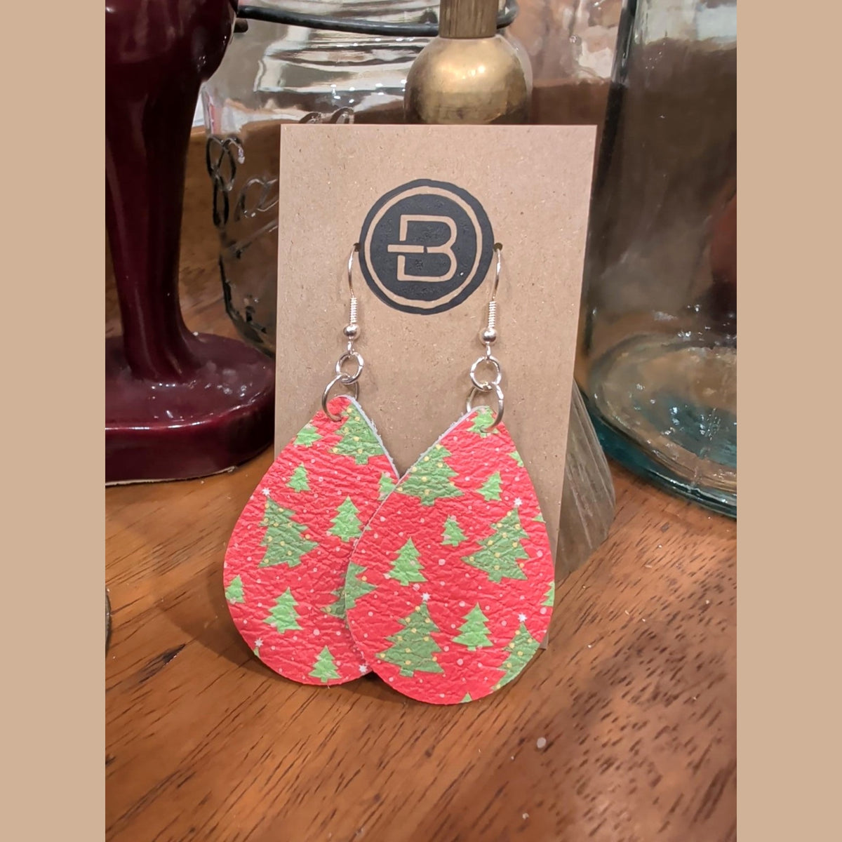 Red Christmas tree print teardrop earrings