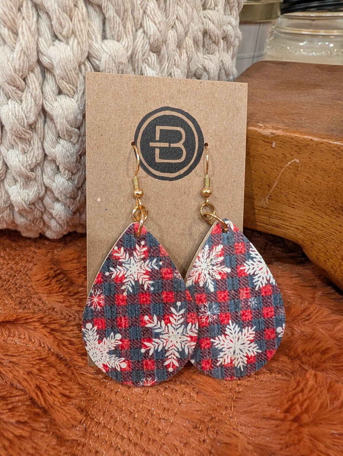 Red and navy plaid snowflake teardrop earrings with gold-tone hooks