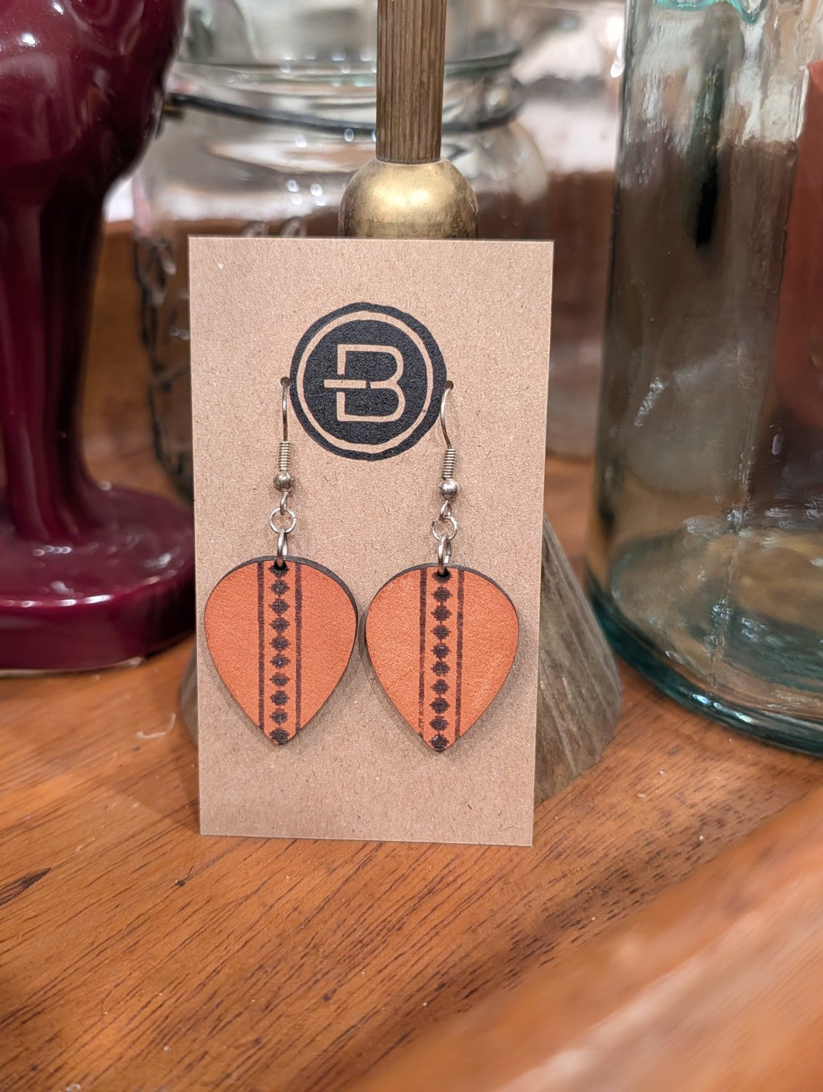 Rust Christmas Star Stripe Leather Earrings