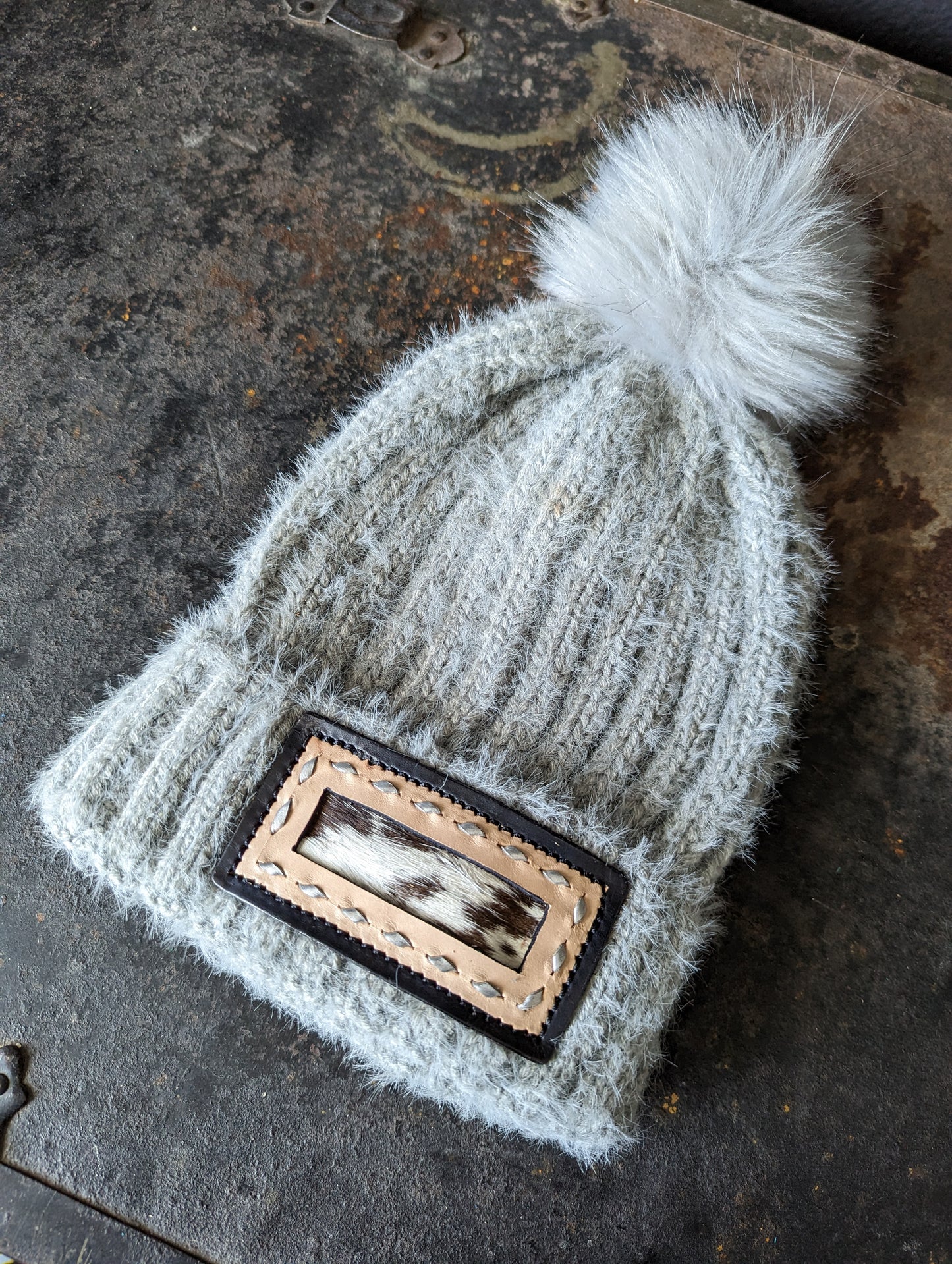 Pom Beanie with Cowhide Inlay Patch