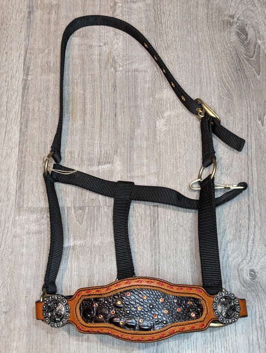 Buckstitched Bronc Noseband on Black Nylon Halter