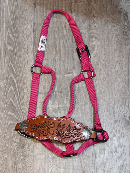 Pink Nylon Halter with Bronc Noseband, tooled with Indian Paintbrush