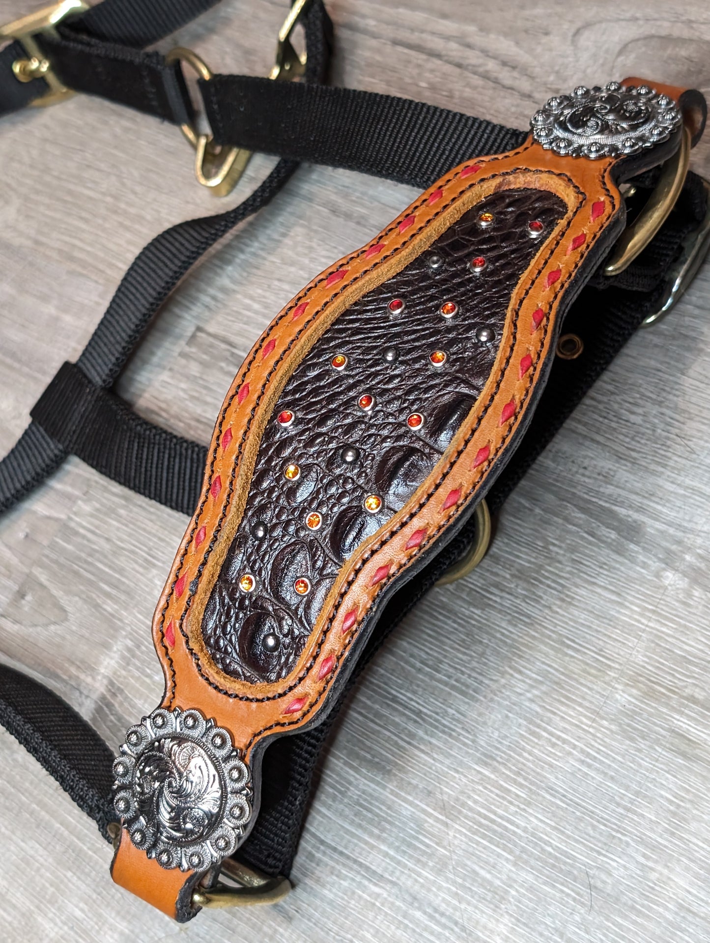 Buckstitched Bronc Noseband on Black Nylon Halter