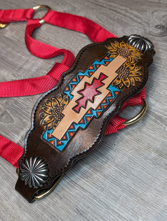 Aztec Bronc noseband on Red Nylon Halter