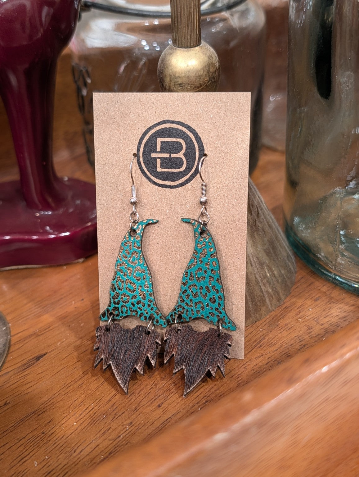 Turquoise Leopard Print Gnome Leather Earrings