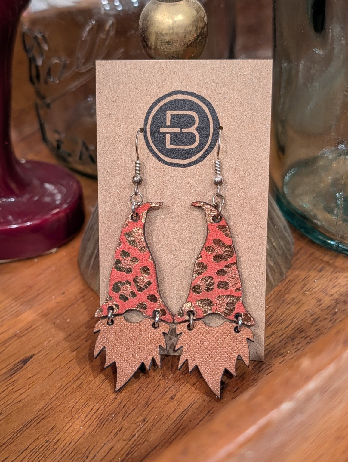 Coral Leopard Print Gnome Leather Earrings
