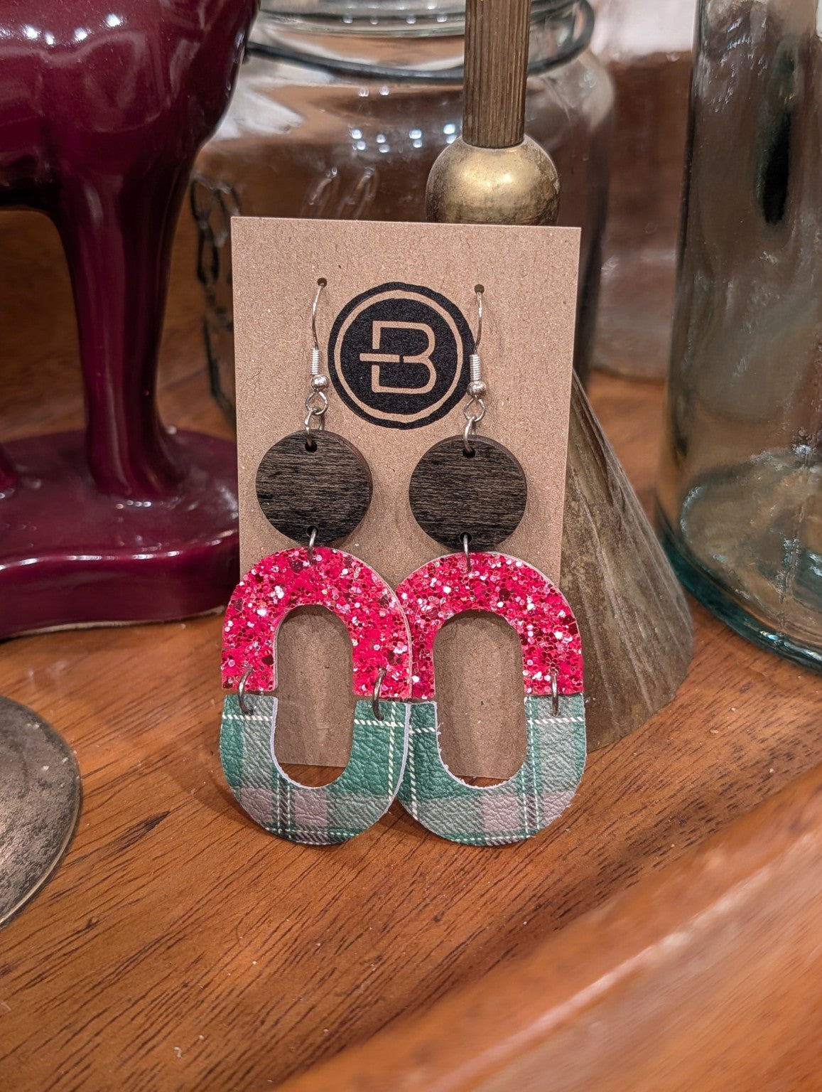 Red glitter and green plaid geometric leather earrings