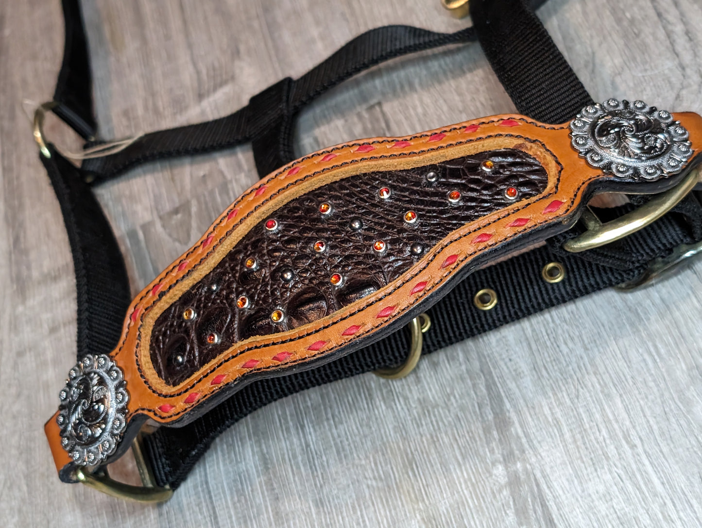 Buckstitched Bronc Noseband on Black Nylon Halter
