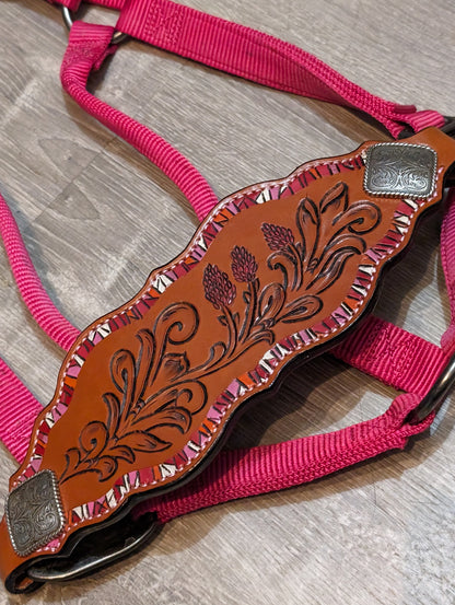 Pink Nylon Halter with Bronc Noseband, tooled with Indian Paintbrush