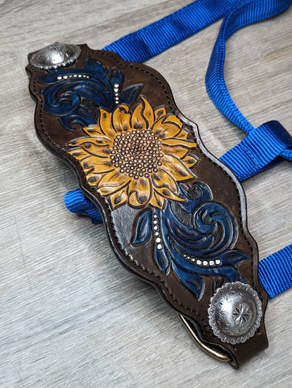 Sunflower and swirl tooled noseband on Royal Blue Nylon Halter
