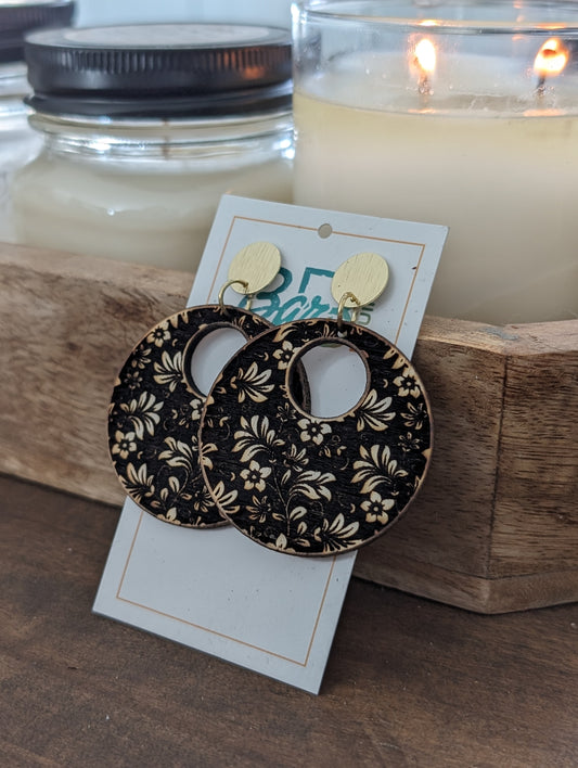Wooden Floral Open Circle Earrings on Gold Posts