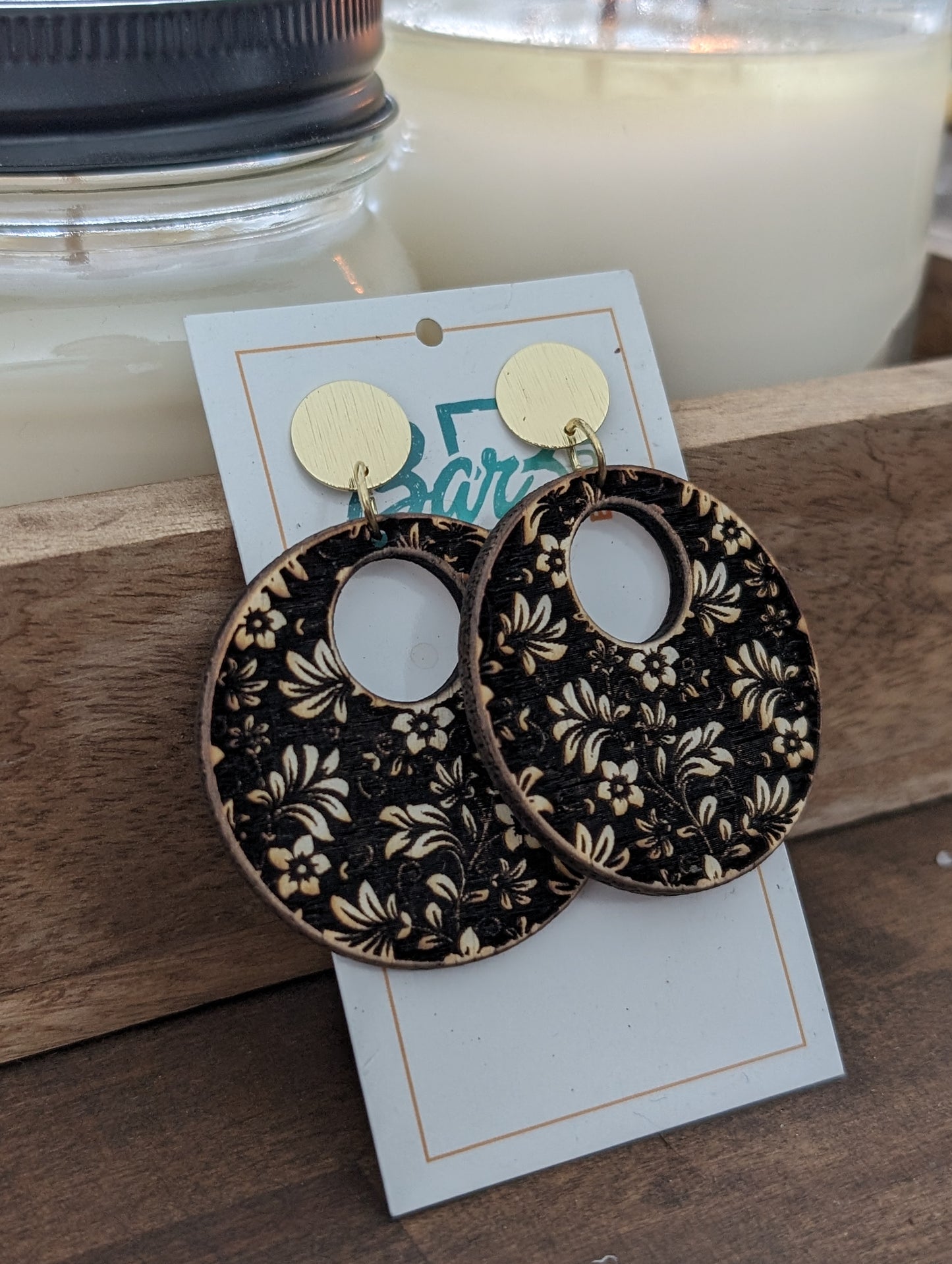 Wooden Floral Open Circle Earrings on Gold Posts