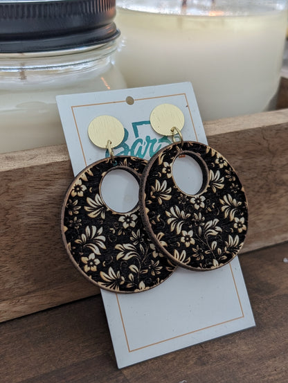 Wooden Floral Open Circle Earrings on Gold Posts