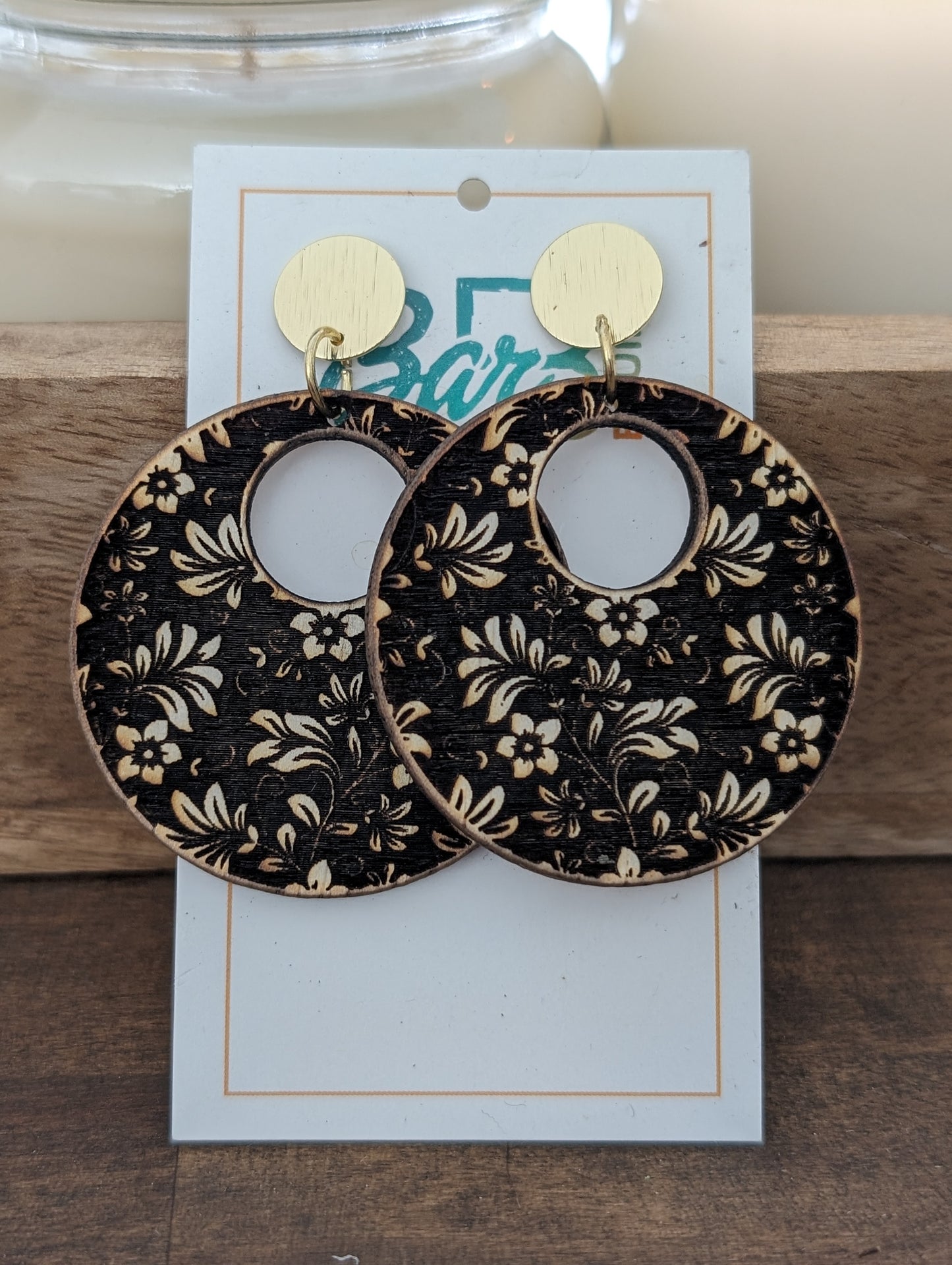 Wooden Floral Open Circle Earrings on Gold Posts