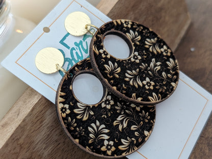 Wooden Floral Open Circle Earrings on Gold Posts