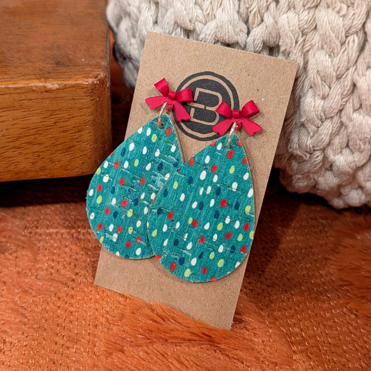 Christmas Lights Bow Teardrop Earrings handmade leather earrings