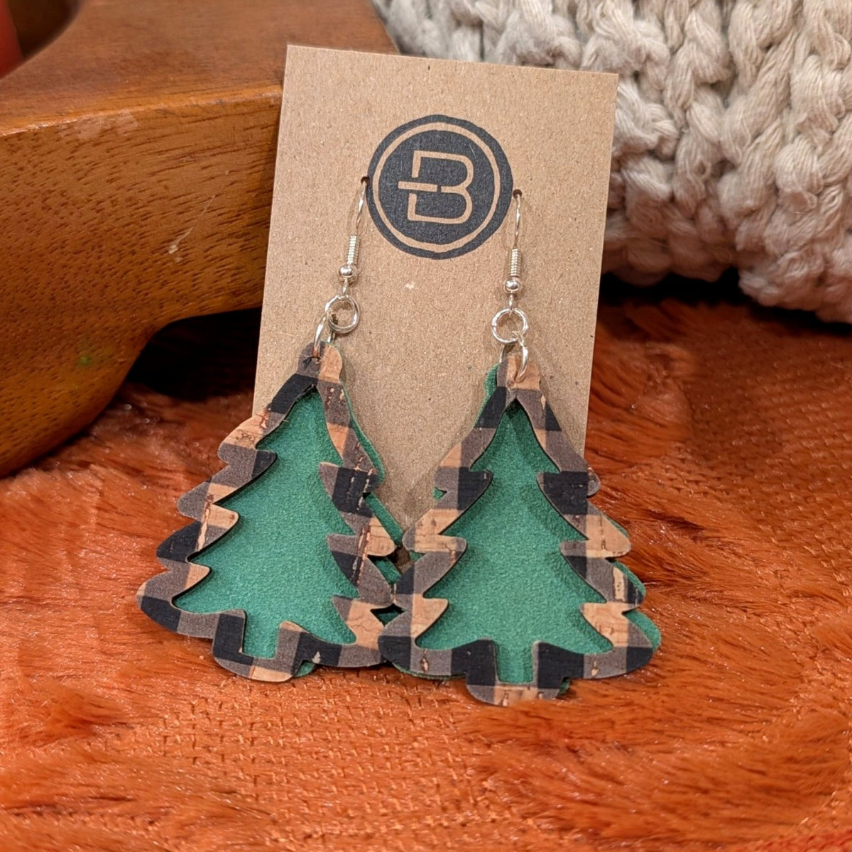 Buffalo Plaid Layered Christmas Tree Earrings handmade leather earrings