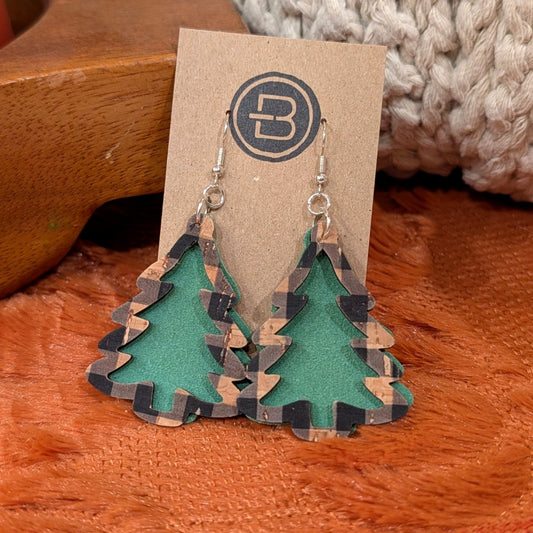 Buffalo Plaid Layered Christmas Tree Earrings handmade leather earrings