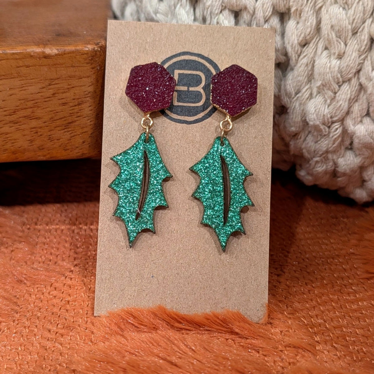 Holly Leaf Glitter Christmas Earrings handmade leather earrings