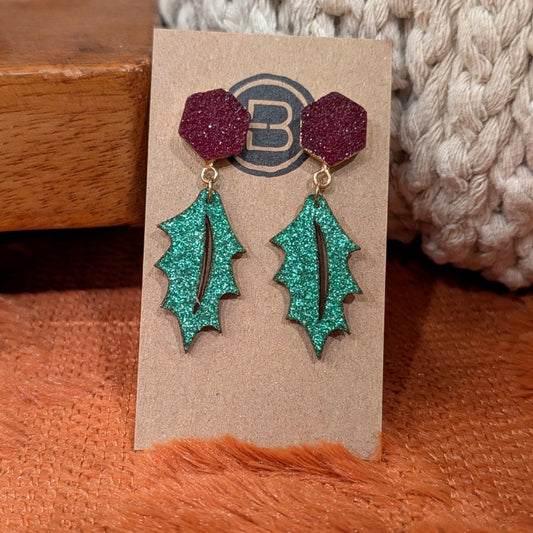 Holly Leaf Glitter Christmas Earrings handmade leather earrings
