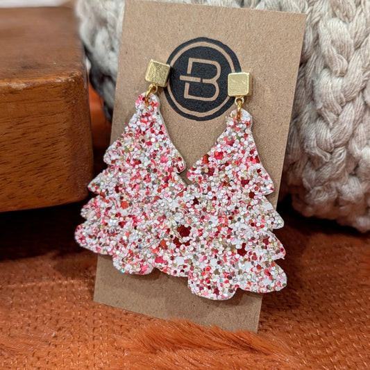 Pink Glitter Christmas Tree Earrings handmade leather earrings