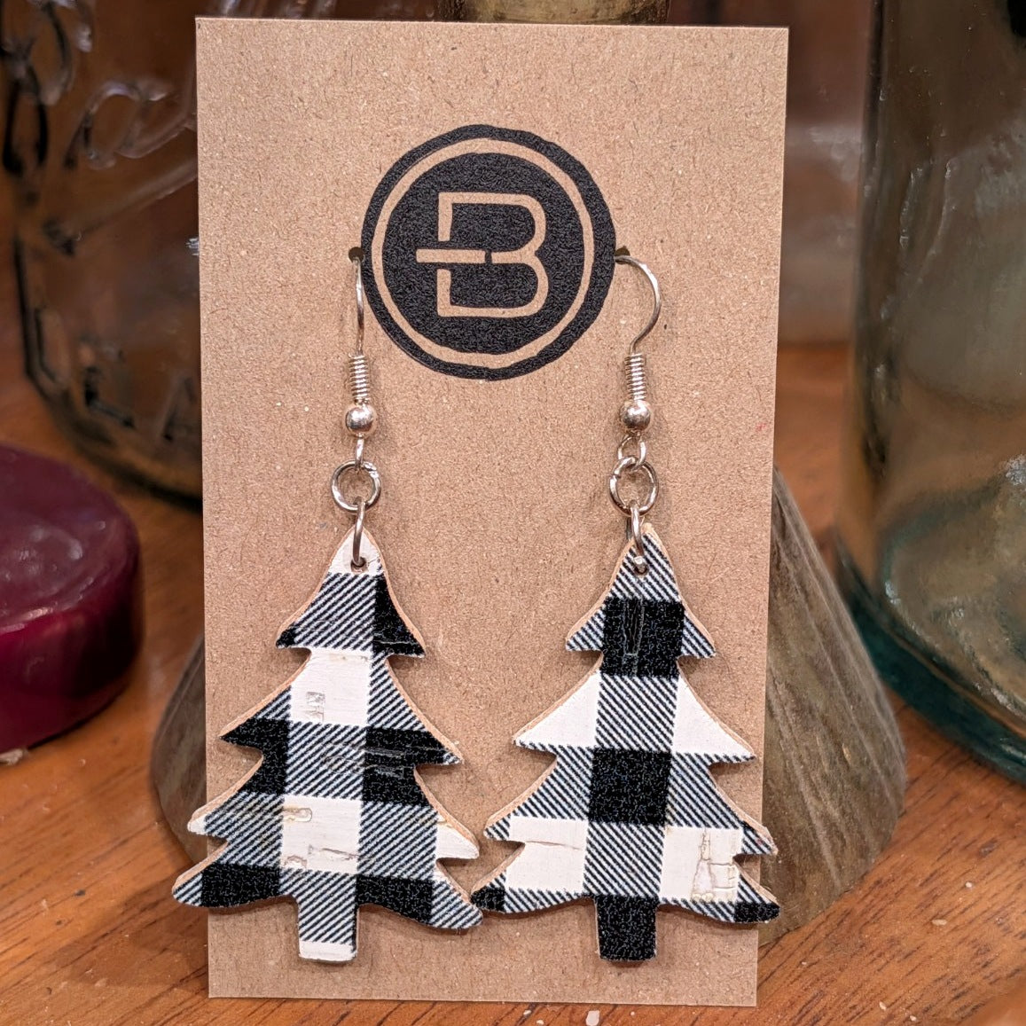 Black and White Buffalo Plaid Christmas Tree Earrings