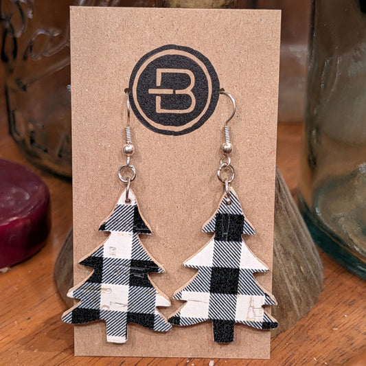 Black and White Buffalo Plaid Christmas Tree Earrings