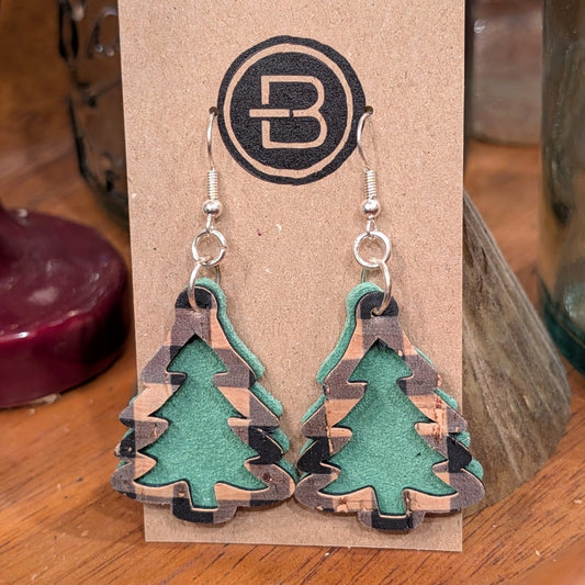 Green Center Buffalo Plaid Christmas Tree Earrings