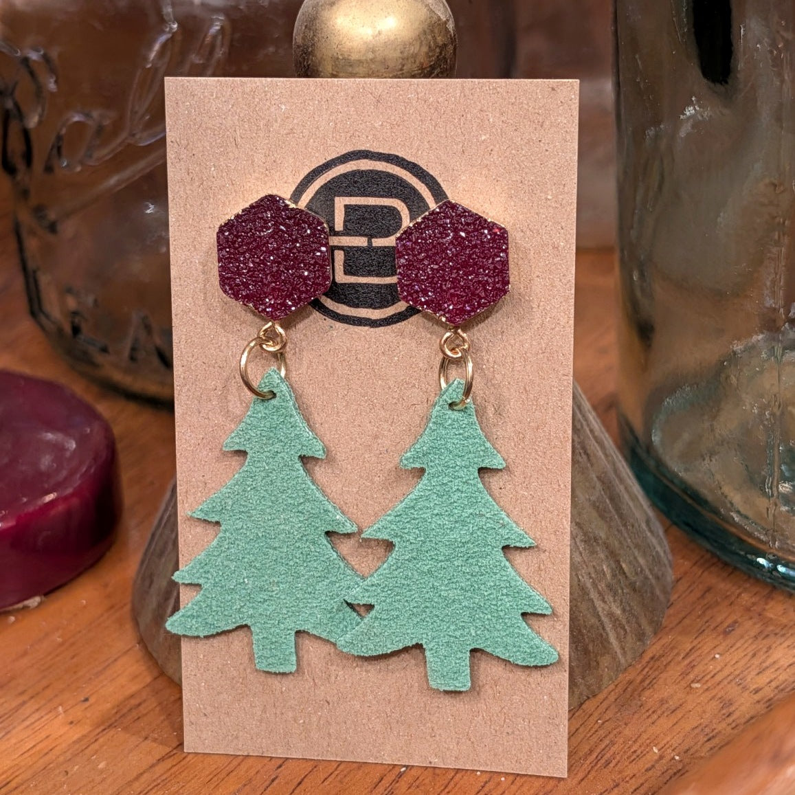 Mint Green Christmas Tree Burgundy Glitter Stud Earrings