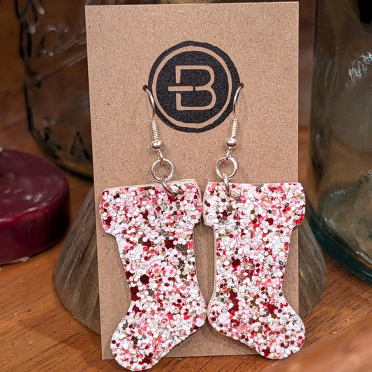 Pink Glitter Christmas Stocking Earrings