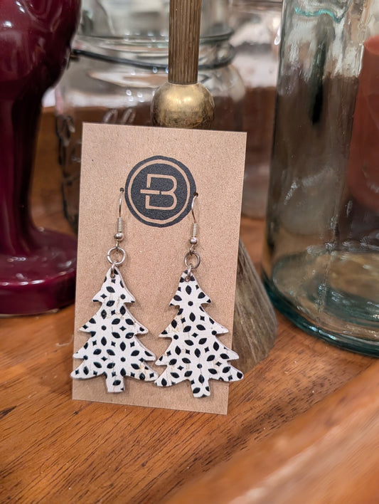 Black and White Speckled Christmas Tree Leather Earrings