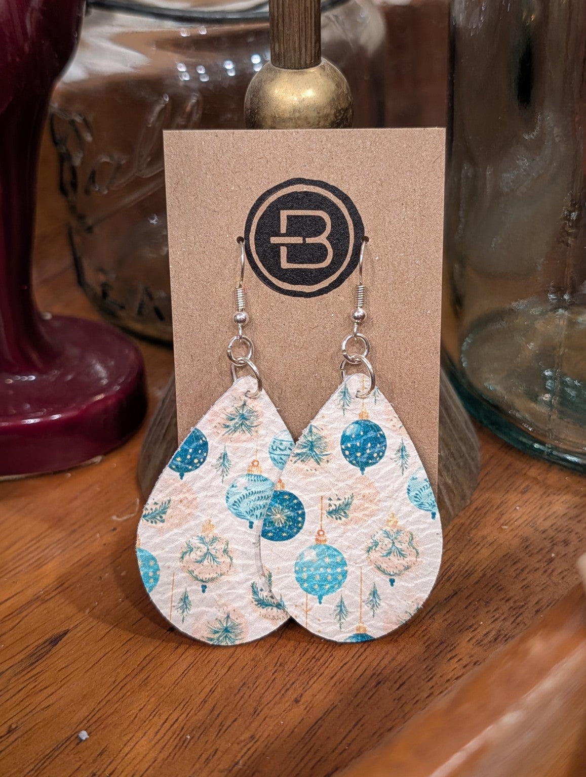 Blue Ornament Print Teardrop Leather Earrings