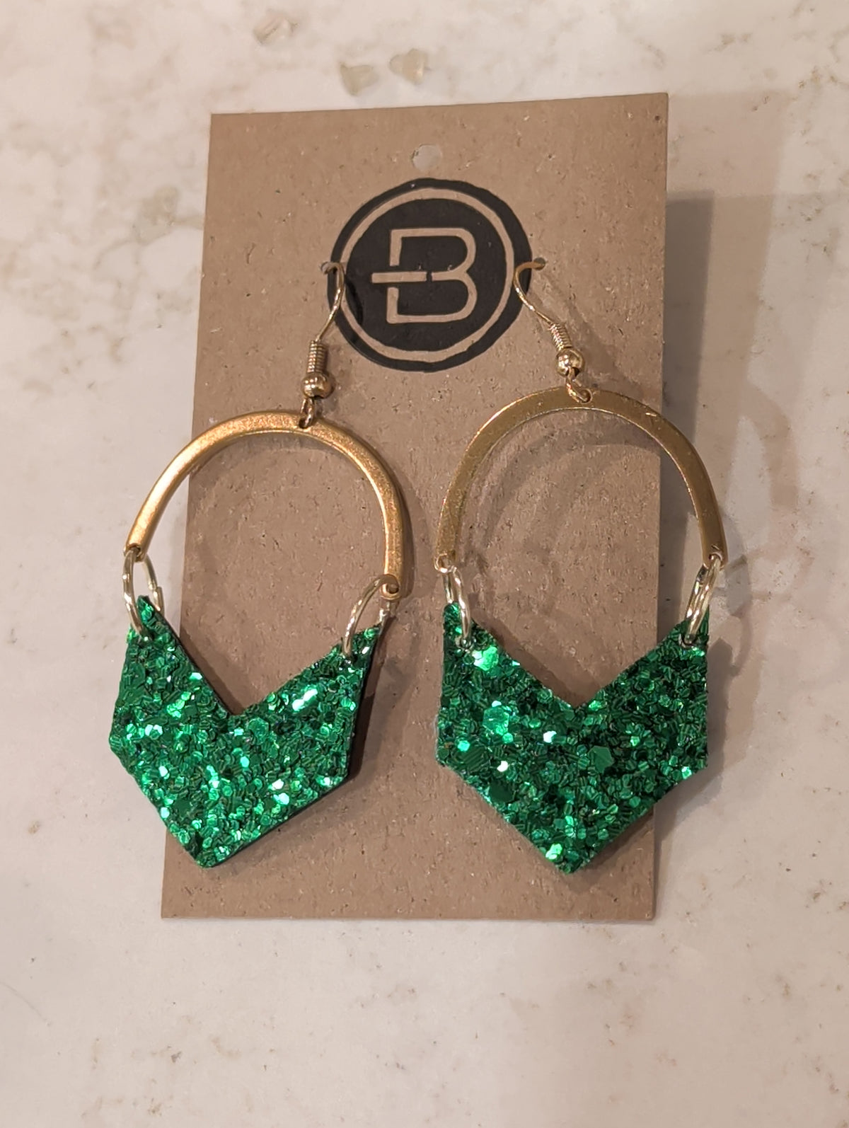 Green Glitter Chevron with Gold Arch Earrings