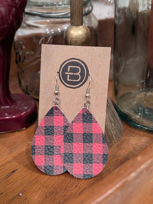 Christmas Buffalo Plaid Teardrop Leather Earrings