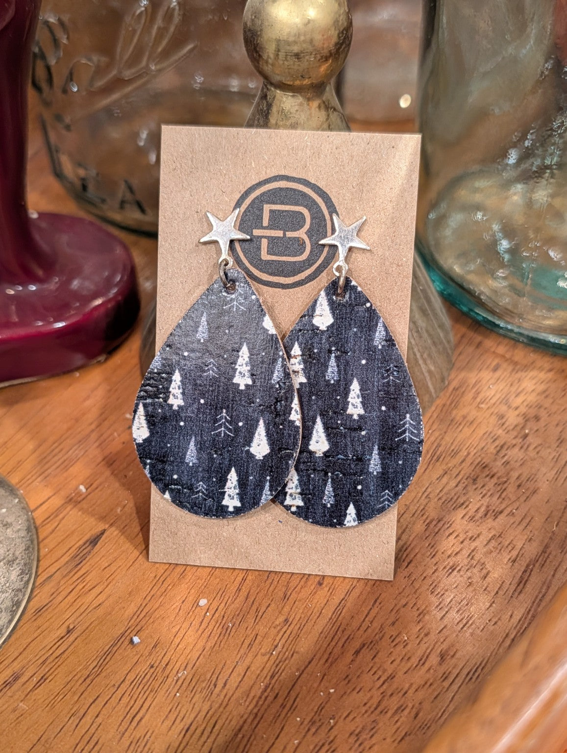 Christmas Midnight Forest Teardrop Leather Earrings with Star Studs