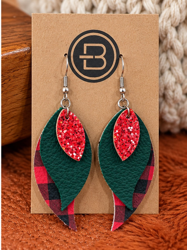 Christmas layered leather leaf earrings with buffalo plaid, green leather and red glitter