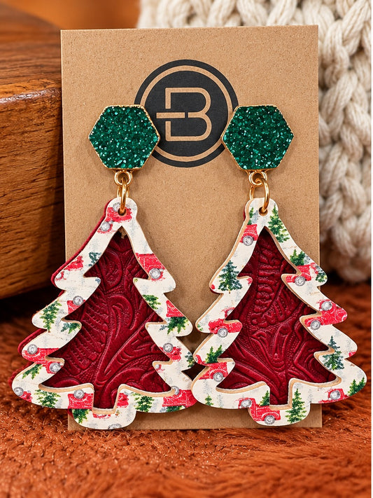 Handmade layered Christmas tree earrings with green glitter studs and red embossed leather