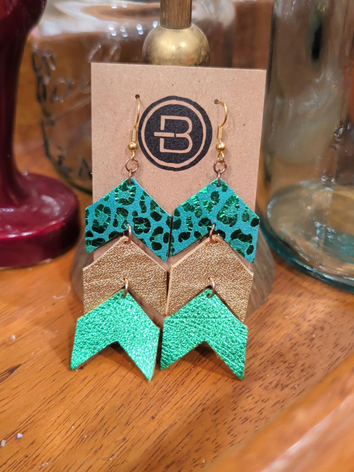 Emerald Leopard and Gold Glitter Layered Chevron Leather Earrings