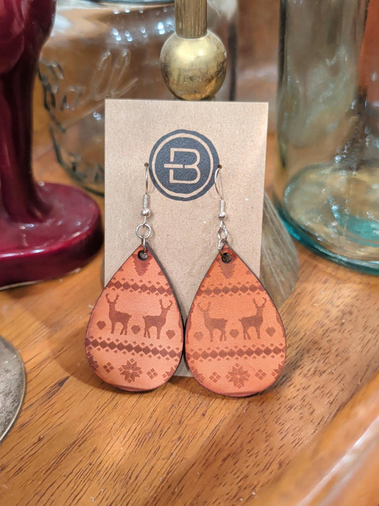 Engraved Reindeer Christmas Sweater Leather Earrings