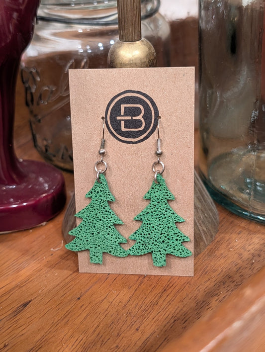 Green Speckled Christmas Tree Leather Earrings