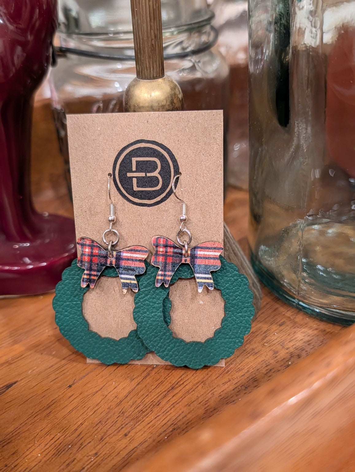 Green Christmas Wreath and Plaid Bow Leather Earrings